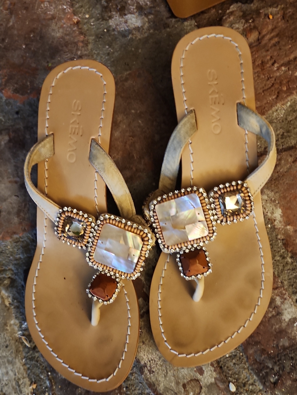 Skemo Tan Jeweled Thong Sandals with Mother-of-Pearl Accents